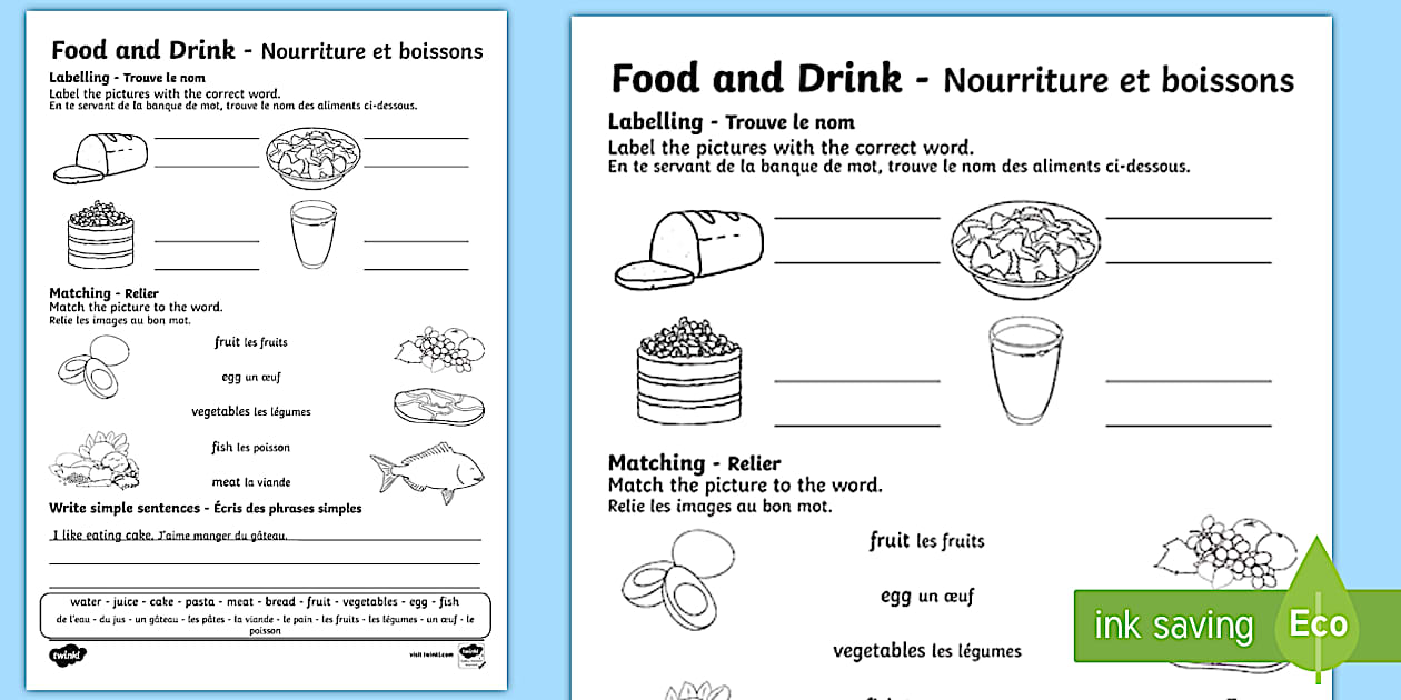 Food and Drink Worksheet / Worksheet English/French Twinkl Food and Drink Worksheet / Worksheet English/French Twinkl