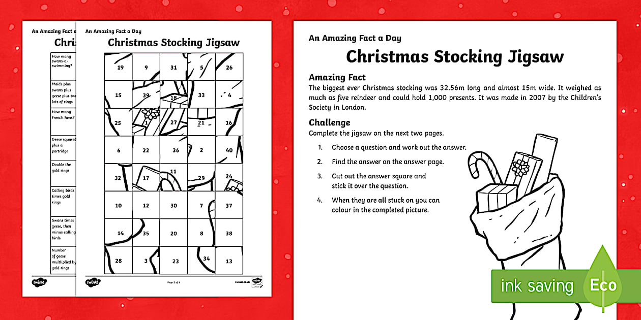 Countdown to Christmas | Stocking Christmas Jigsaw Worksheet