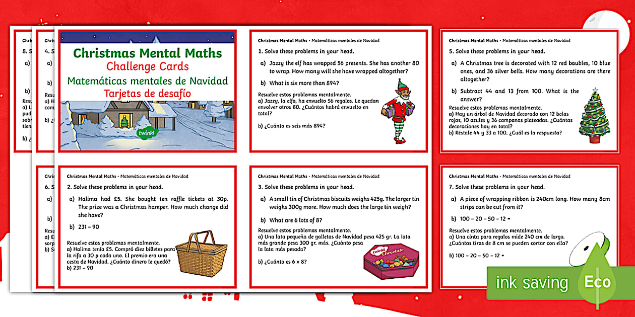 Year 3 christmas mental maths challenge cards english spanish