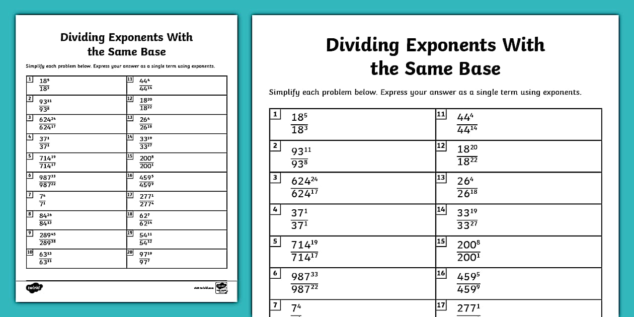 Eighth grade dividing exponents with the same base worksheet