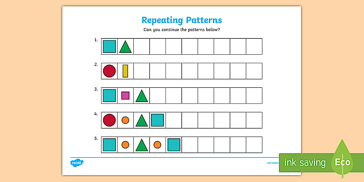 Repeating Patterns Worksheet | Foundation Stage - Twinkl