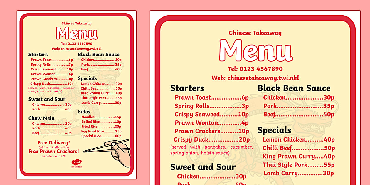 Chinese Takeaway Role Play Menu (teacher made) - Twinkl