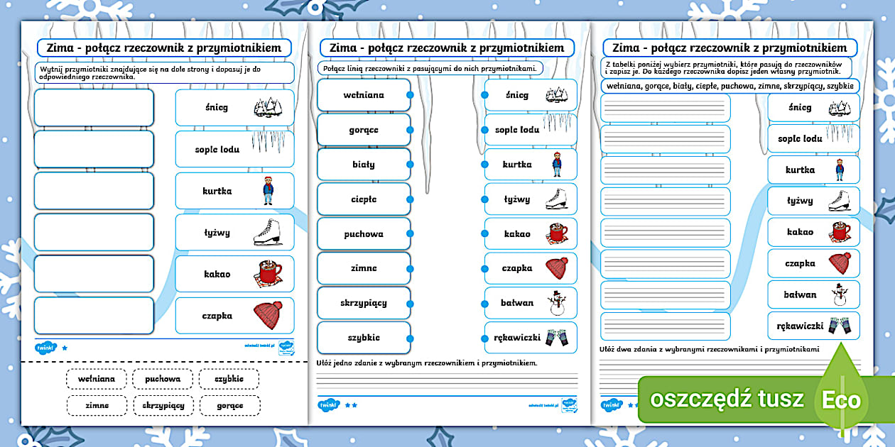 Sprawdzian Z Wyszukiwaniem Rzeczowników Klasa 4 Zima | Połącz rzeczownik z przymiotnikiem | 3 poziomy trudności