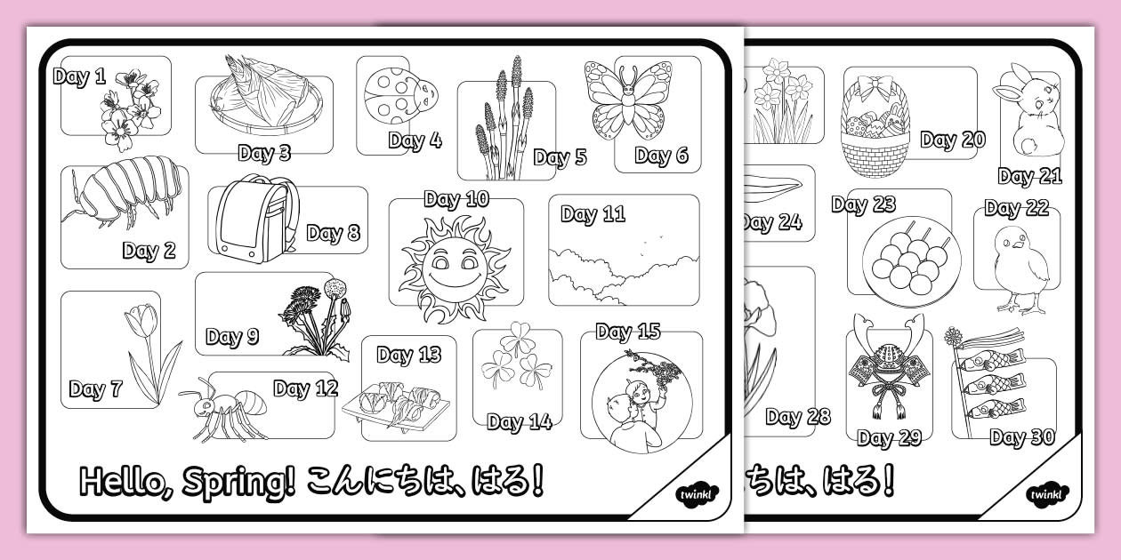 春に関するもの30種類をぬりえにした教材。日本語と英語の単語リストつき。This is a coloring sheet about spring.