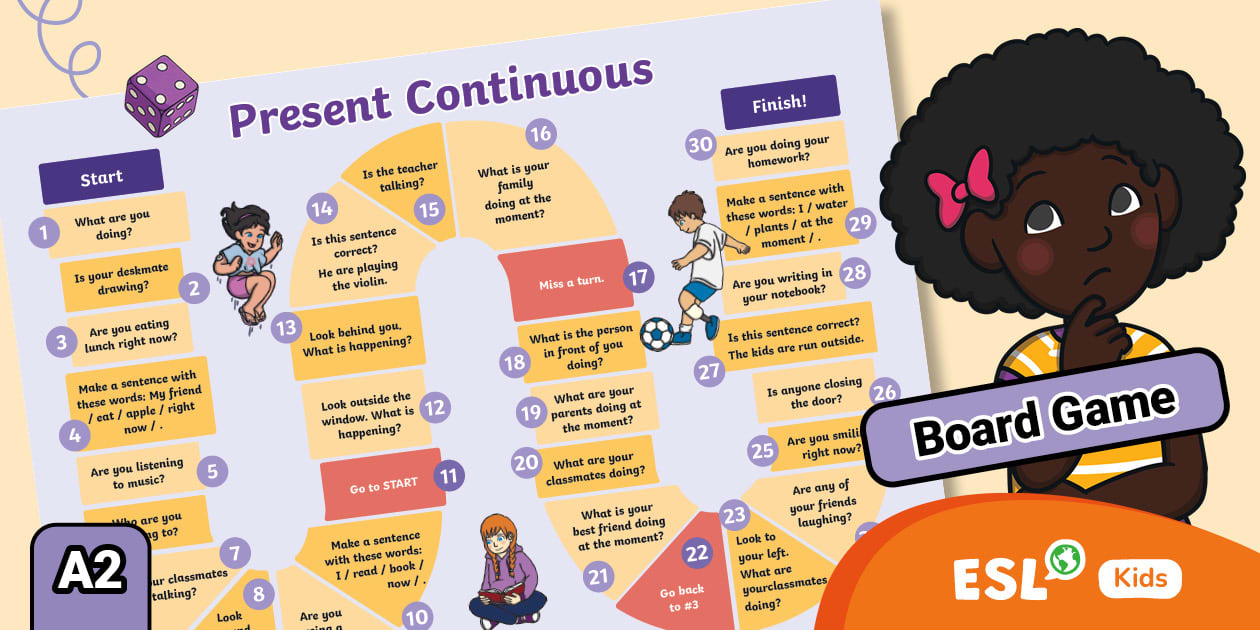 ESL Present Continuous Board Game [Kids, A2]