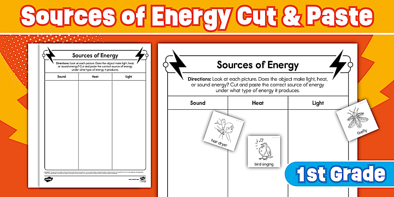 First Grade Sources of Energy Cut and Paste Worksheet