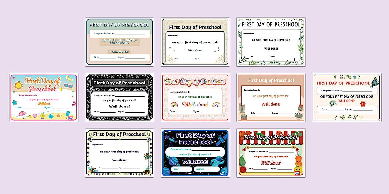 First day of preschool certificate pack twinkl