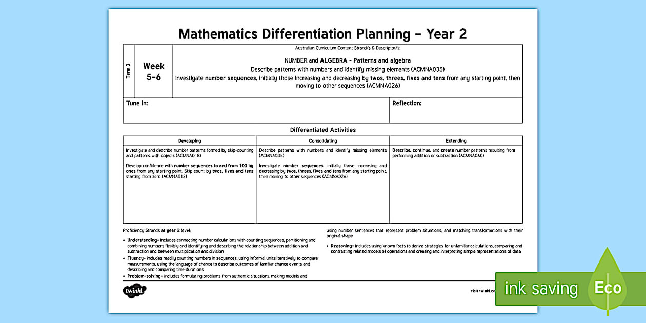 Year 2 Patterns and Sequences Mathematics Differentiated Plan