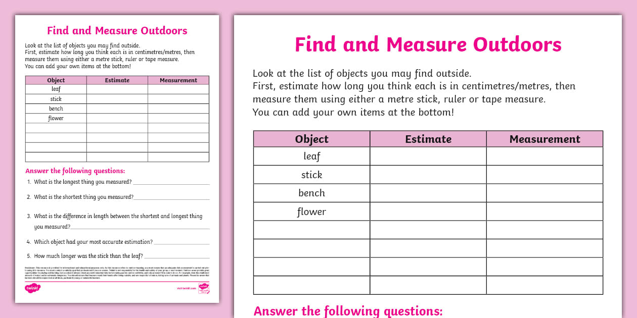 Find and Measure Outside Activity Sheet (teacher made)
