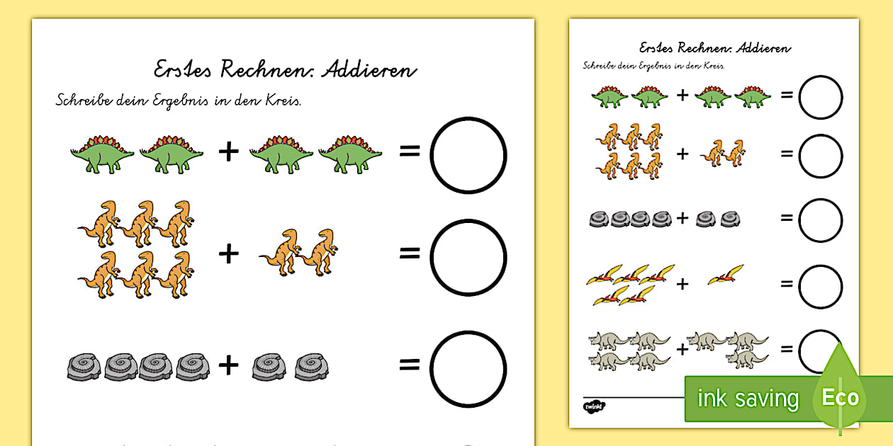 Dinosaurier Thematisiertes Addieren Arbeitsblatt: Erstes Rechnen (Addieren)