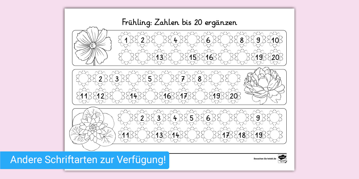 Frühling: Zahlen bis 20 ergänzen - Arbeitsblatt - Twinkl