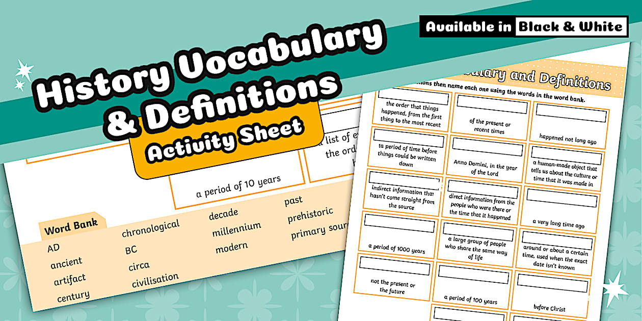 History Vocabulary and Definition Matching Worksheet