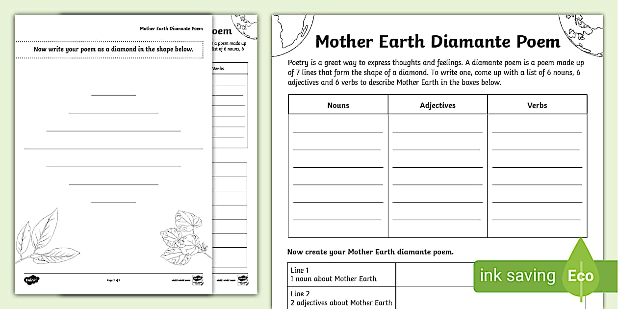 Mother Earth Diamante Poem Template (teacher made) Twinkl