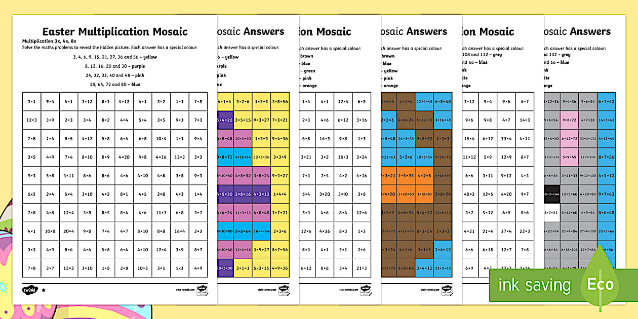 Easter multiplication mosaics hidden pictures worksheets