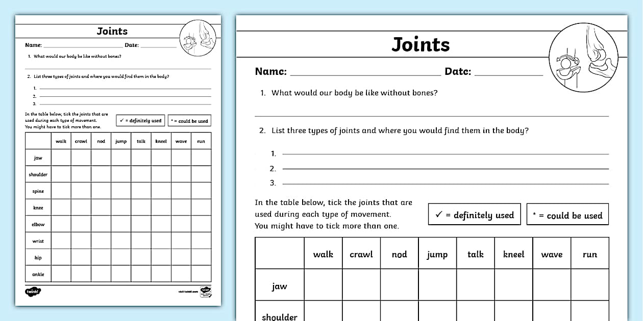 Joints and their Movements Worksheet Science Worksheet