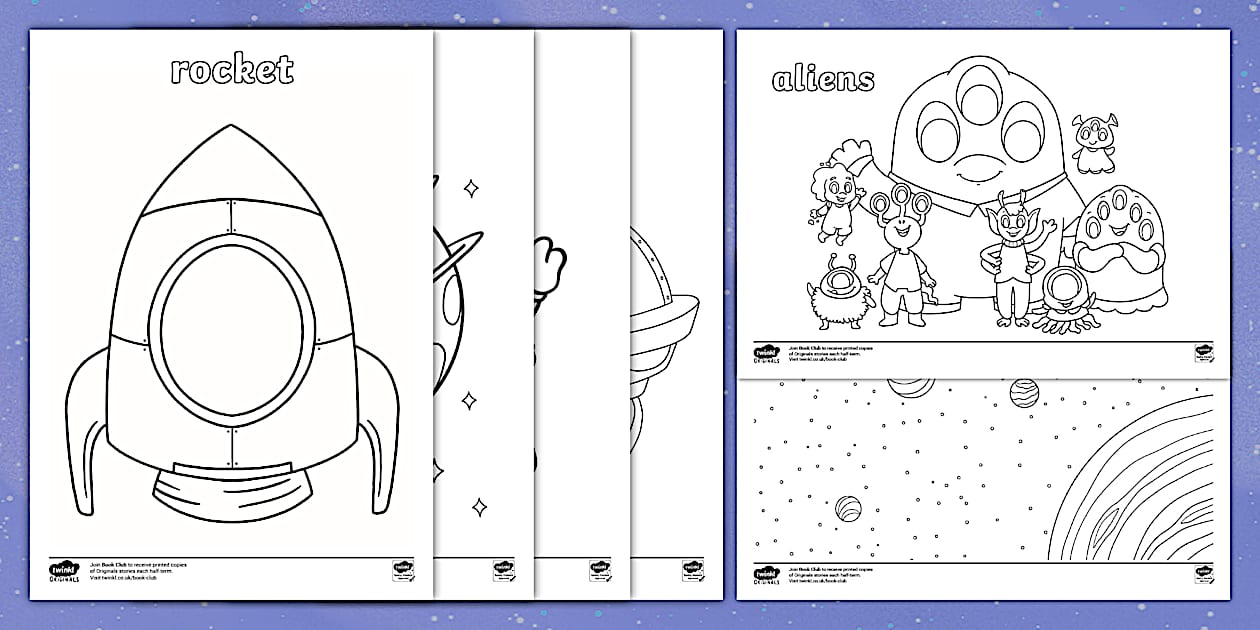 Space Picture and Word Colouring Pages