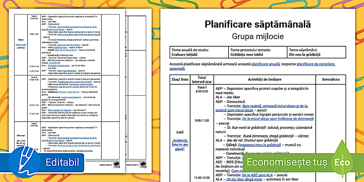 Planificare săptămâna 1 grupa mijlocie Din nou la grădiniță