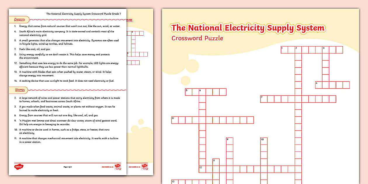 The National Electricity Supply System Crossword Puzzle Grade 7