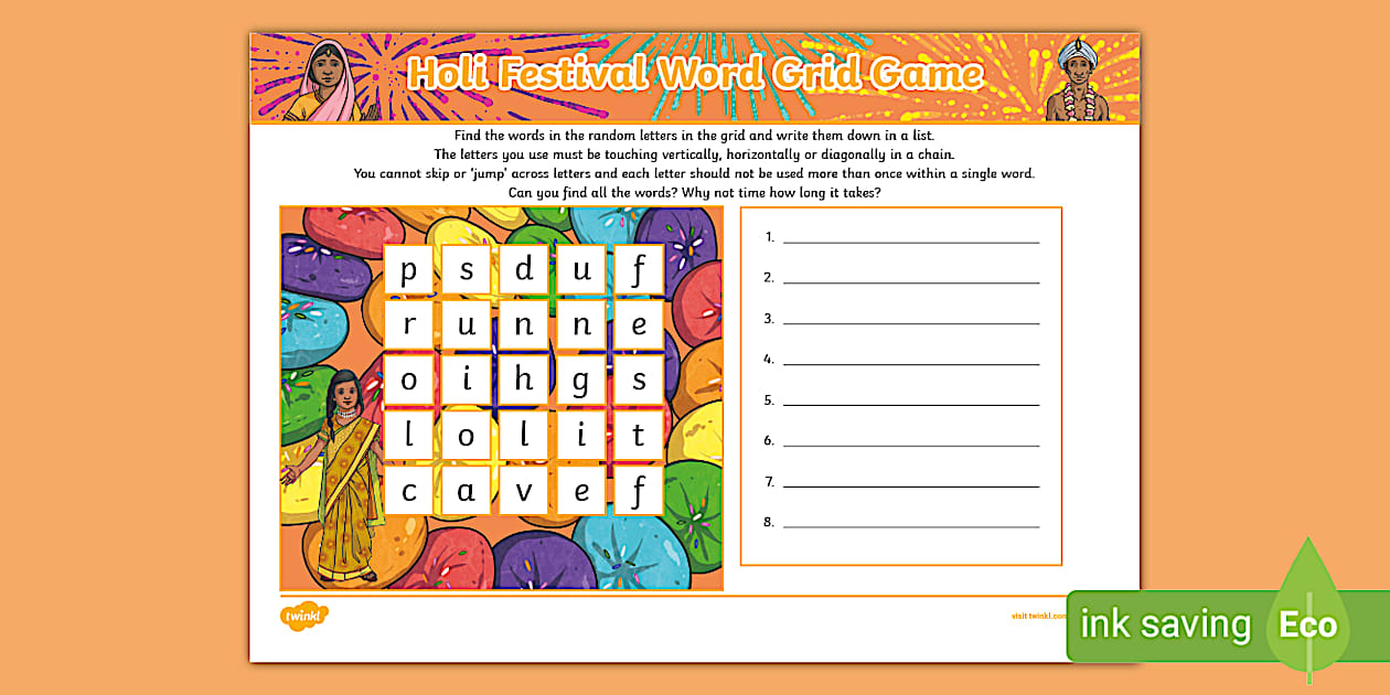Holi Festival Word Grid Game (teacher made) - Twinkl