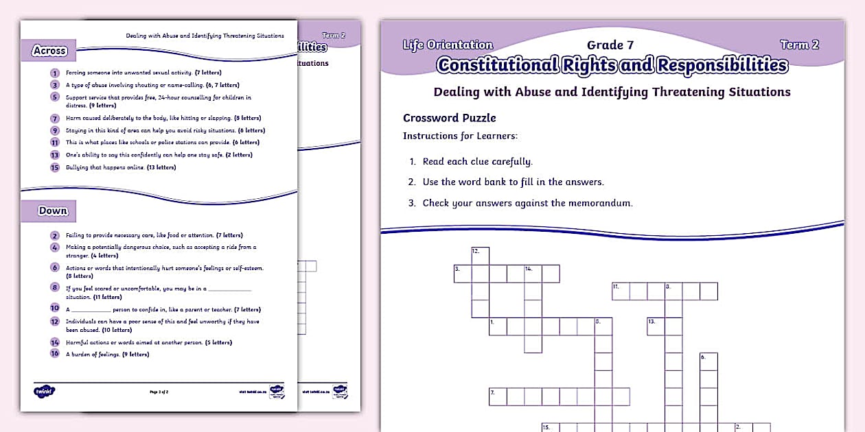 Gr 7 LO: Abuse and Threatening Situations Crossword Puzzle