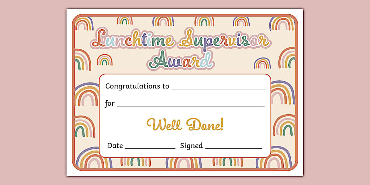 Muted Rainbow Themed Lunchtime Supervisor Award Certificate