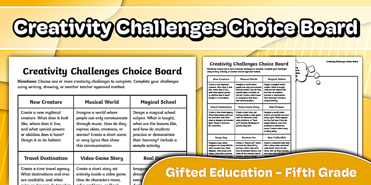Creativity Challenges Choice Board for Gifted Education