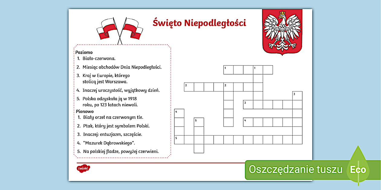 Narodowe Święto Niepodległości | Krzyżówka - Twinkl