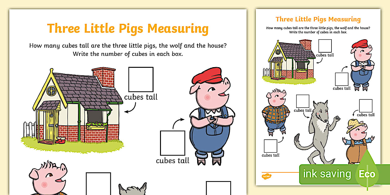 Three Little Pigs Measuring in Cubes Worksheet Twinkl