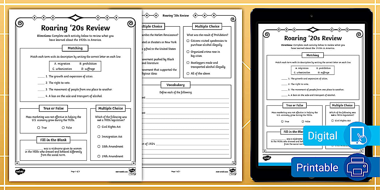 Roaring #39 20s Review Worksheet for 6th 8th Grade