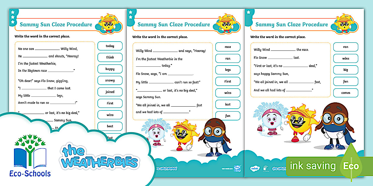 FREE! The Weatherbies Sammy Sun is Coming Out to Play Cloze Procedure