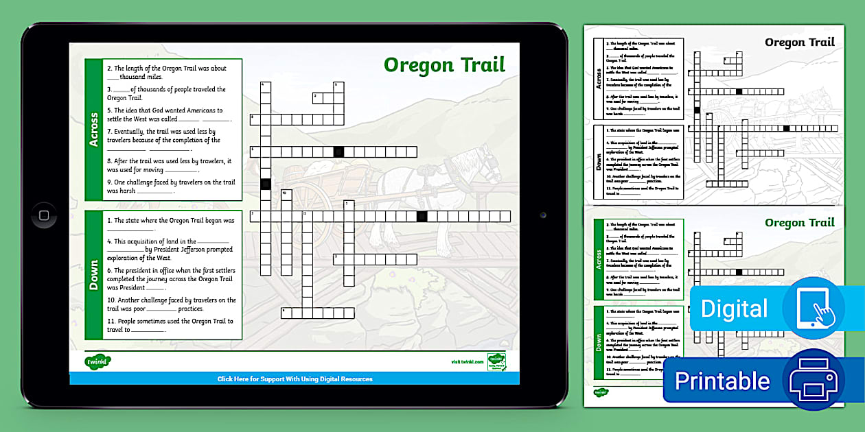 The Oregon Trail Crossword for 3rd 5th Grade (teacher made)