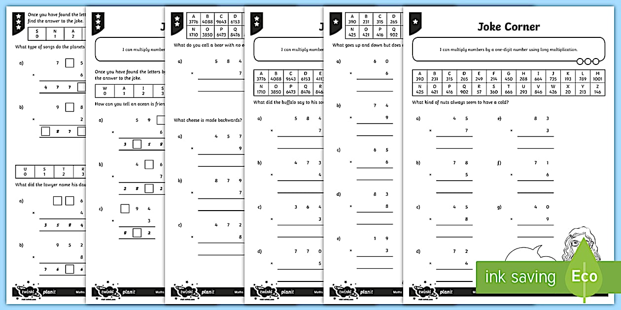 Differentiated multiplying by one digit numbers joke worksheet worksheets