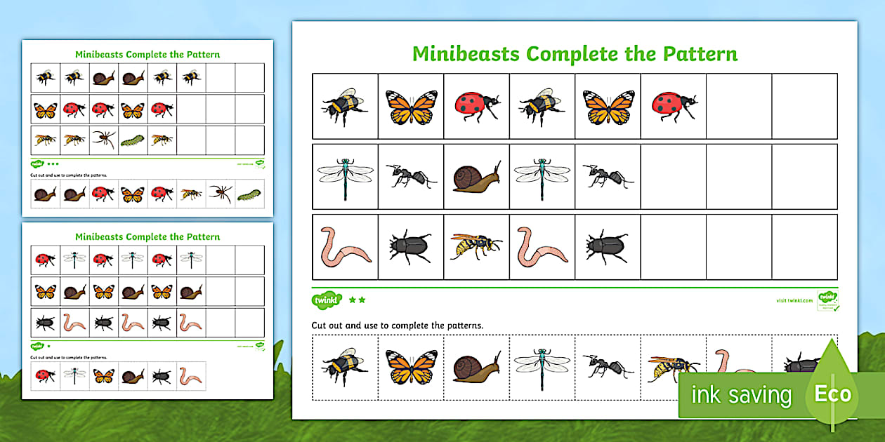 Minibeast Complete the Pattern Worksheets Differentiated