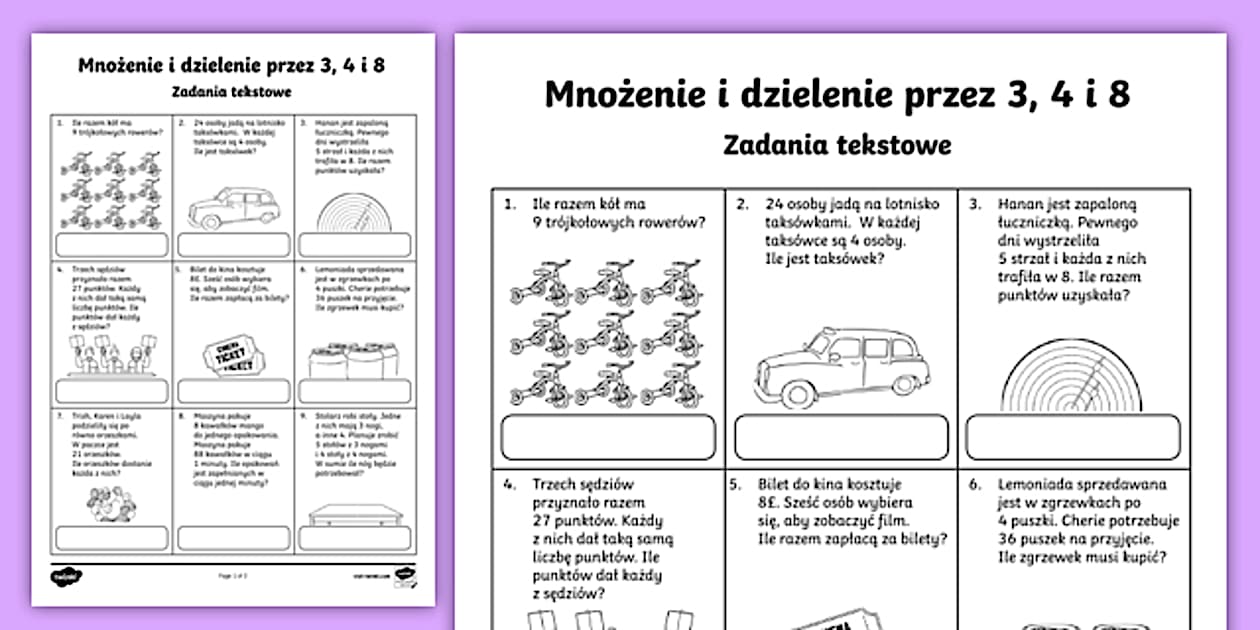 Matzoo Klasa 2 Mnozenie I Dzielenie Karta Mnozenie i dzielenie przez 3 4 i 8 - Twinkl