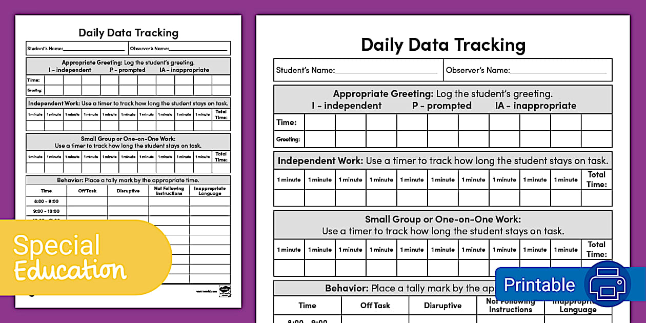 Daily Data Tracking Sheet for Special Education - Twinkl