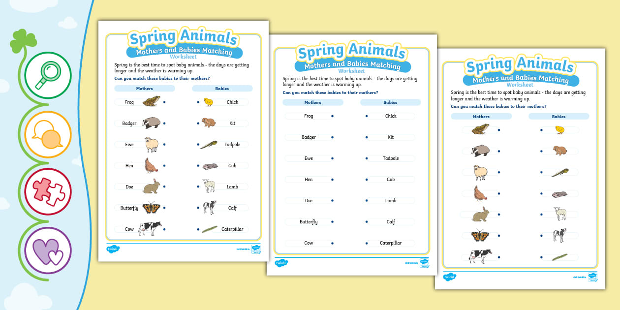 Spring Animals - Mothers and Babies Matching Worksheet
