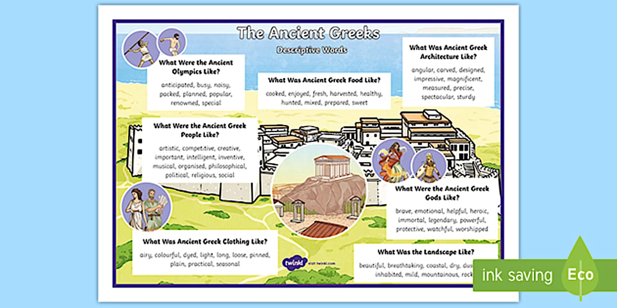 Cursive KS2 The Ancient Greeks Descriptive Word Mat - Twinkl