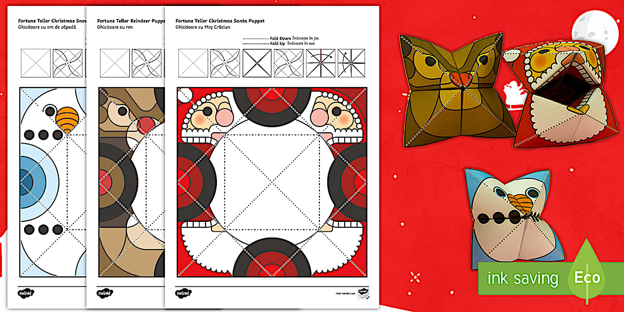 Simple 3D Christmas Fortune Teller Puppet Pack Paper Craft English/Romanian