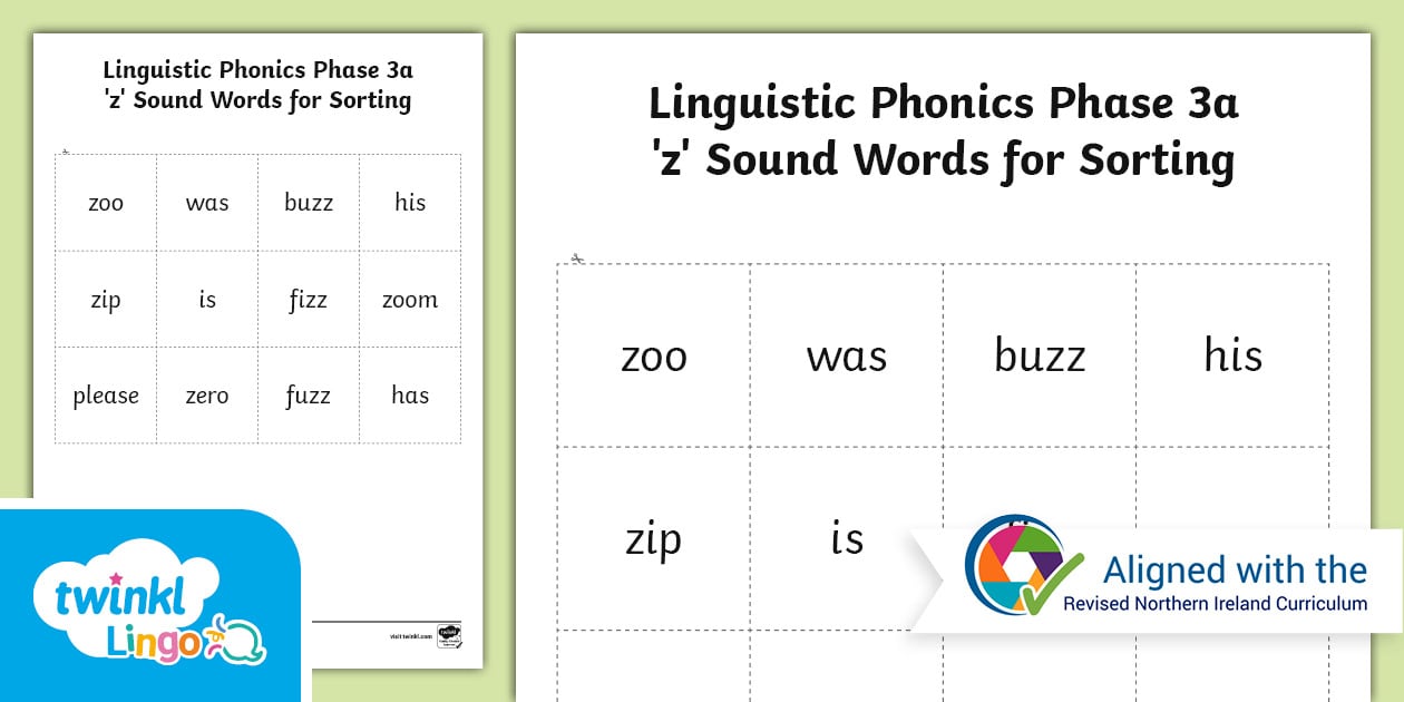 Northern Ireland Linguistic Phonics 3a 'z' Sound Words for Sorting Sheet