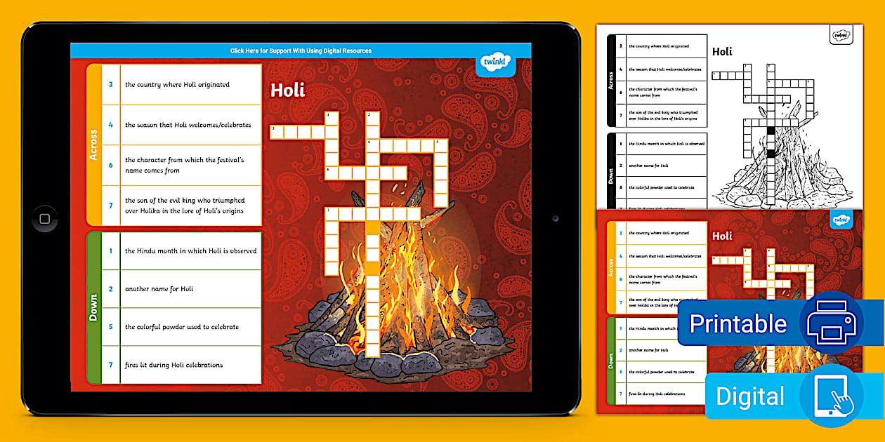 Holi Crossword Puzzle for 3rd 5th Grade (teacher made)