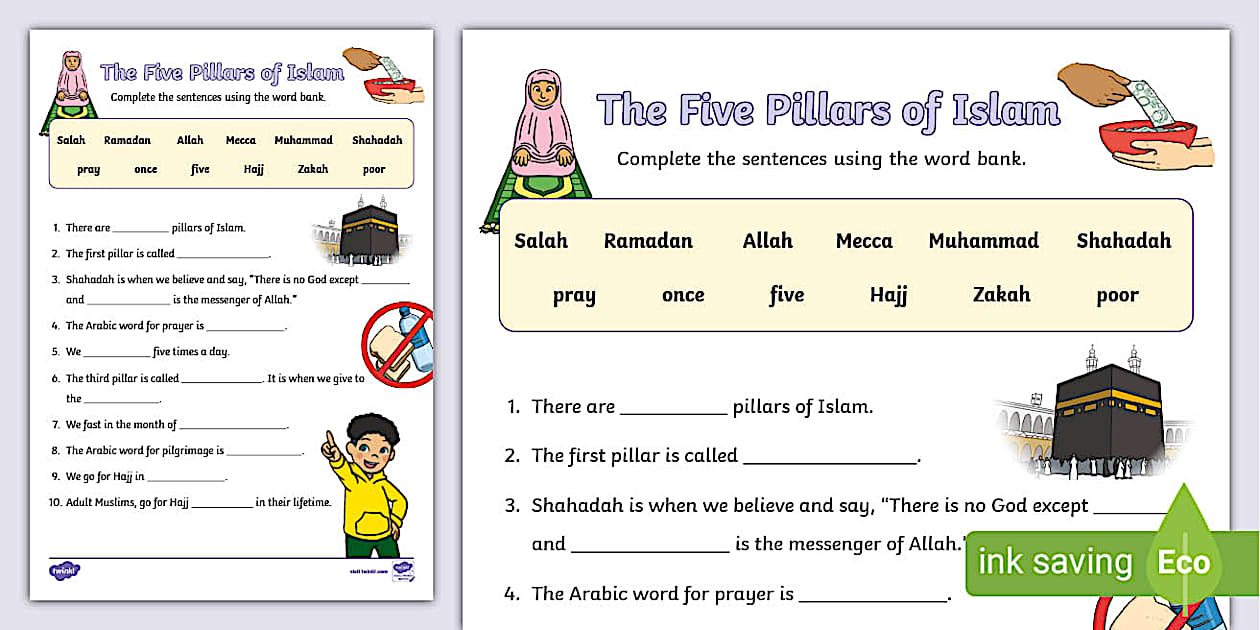 The Five Pillars of Islam Fill in the Blanks Worksheet