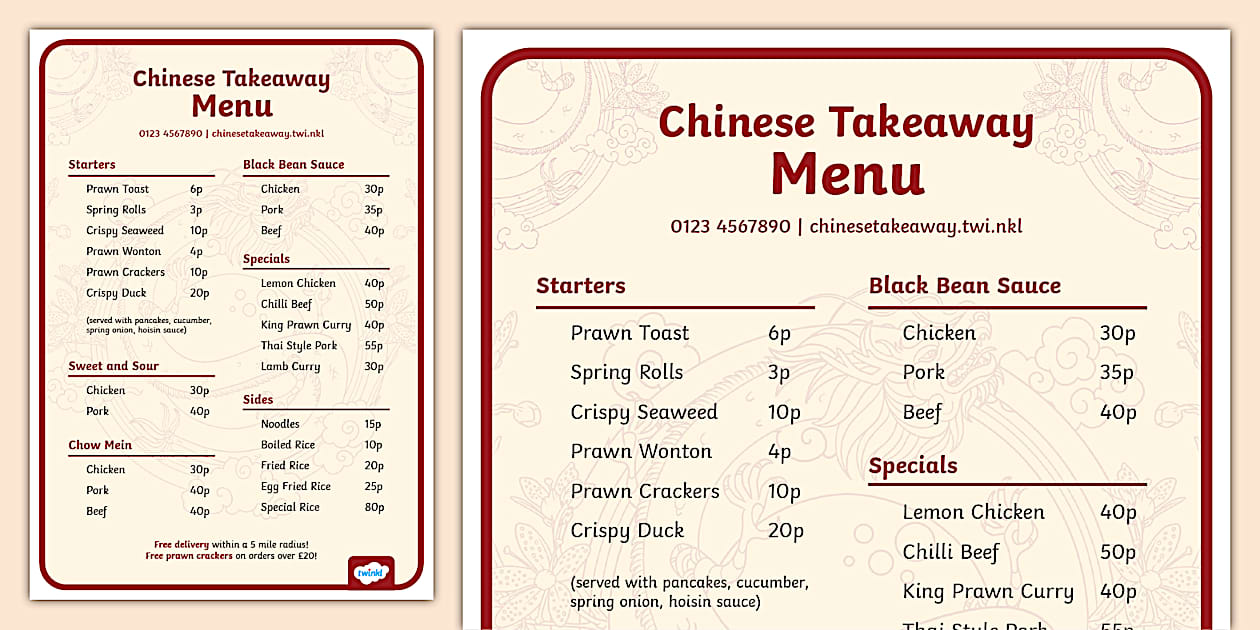 Chinese Takeaway Role Play Menu (teacher made) - Twinkl