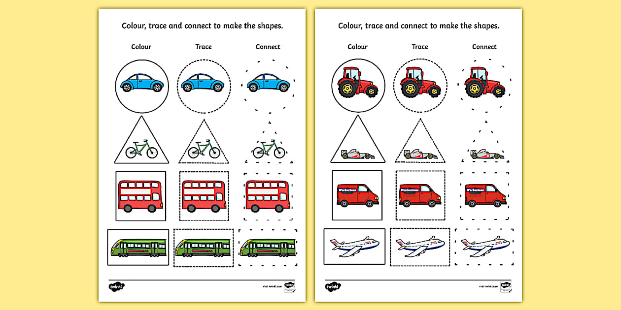 Transport 2D Shape Colour Trace and Join the Dots - Twinkl