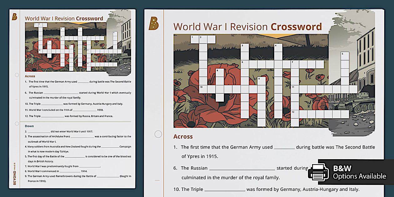 World War I Revision Crossword (teacher made) Twinkl