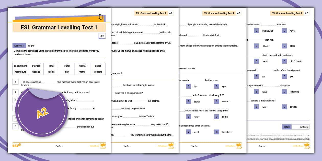 ESL Grammar Levelling Test 1 A2 (teacher made) Twinkl
