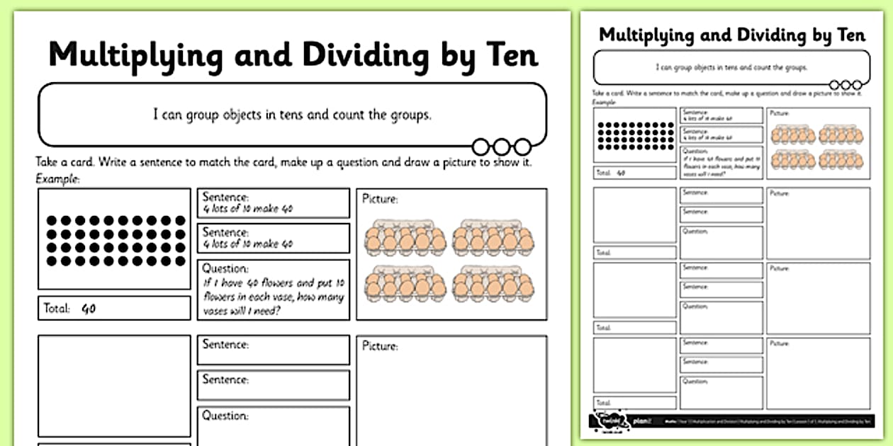 Black and white multiply and divide by 10 worksheet twinkl