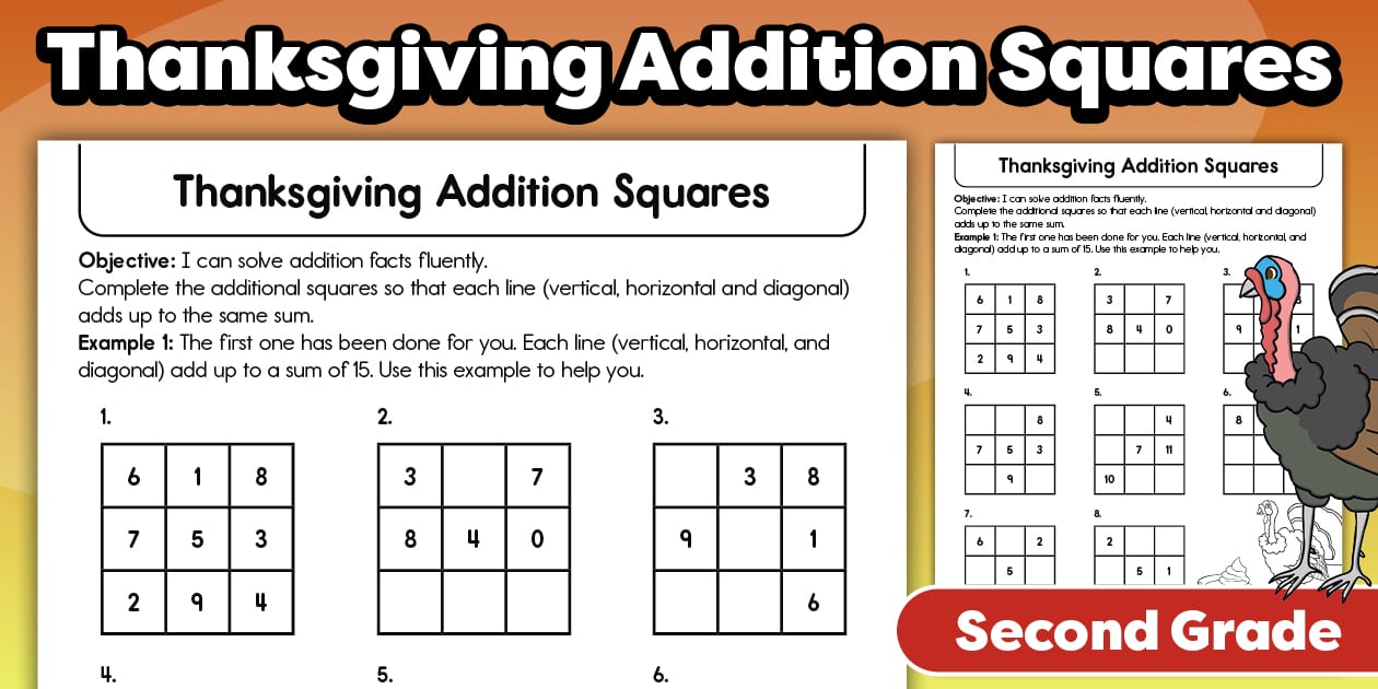 Second Grade Thanksgiving Addition Squares Worksheet