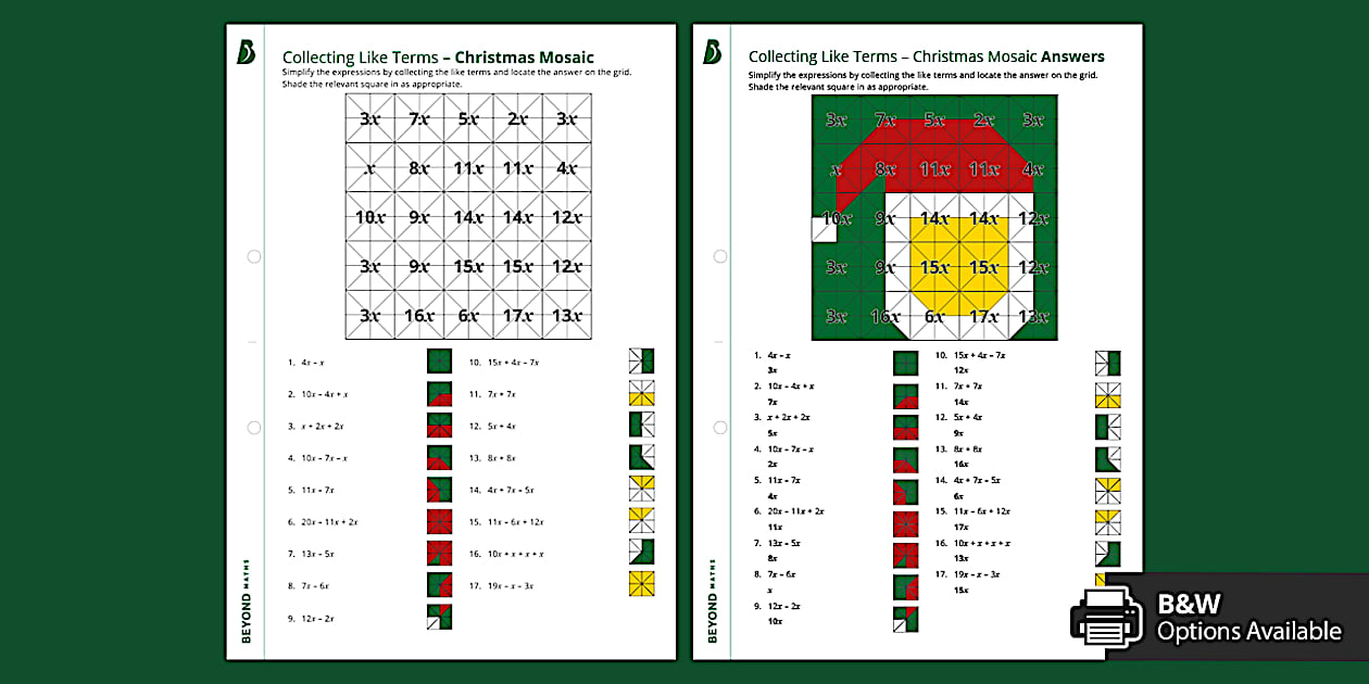 👉 Christmas Mosaic: Collecting Like Terms Questions | KS3 Maths