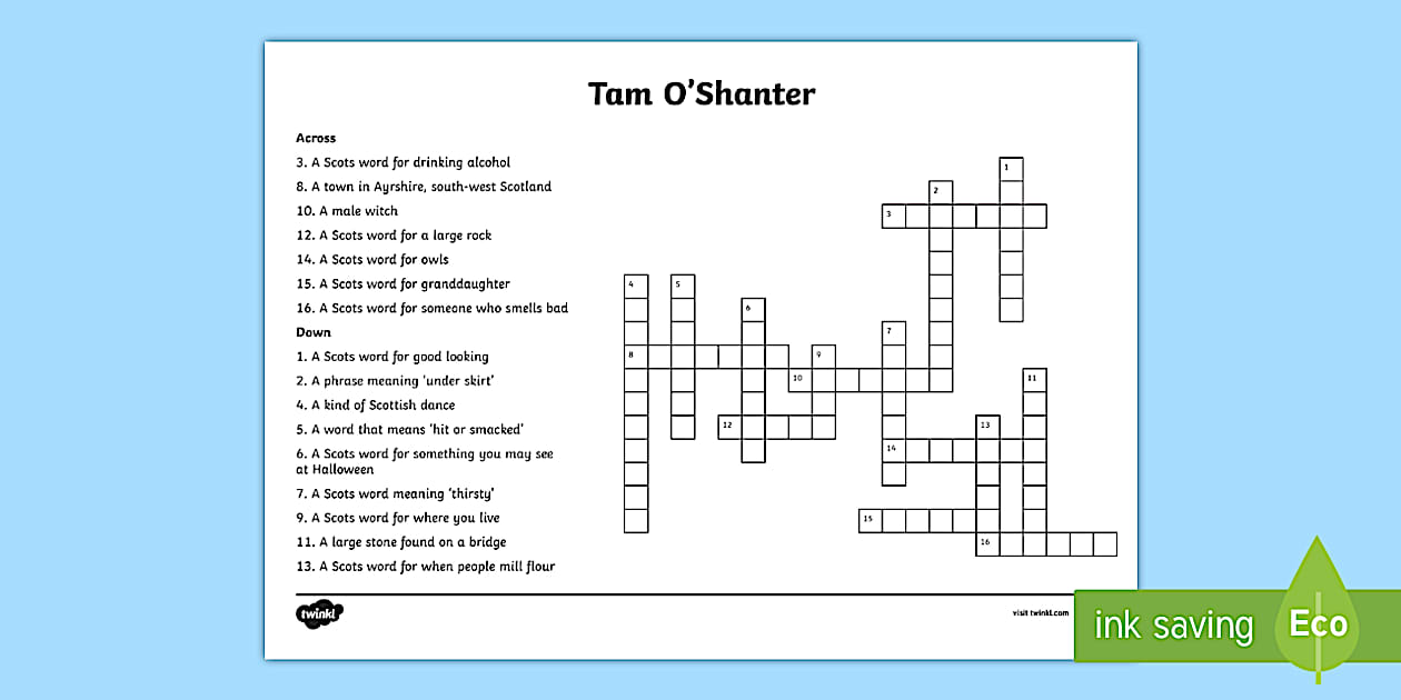 Cursive Tam o #39 Shanter Crossword (Teacher Made) Twinkl