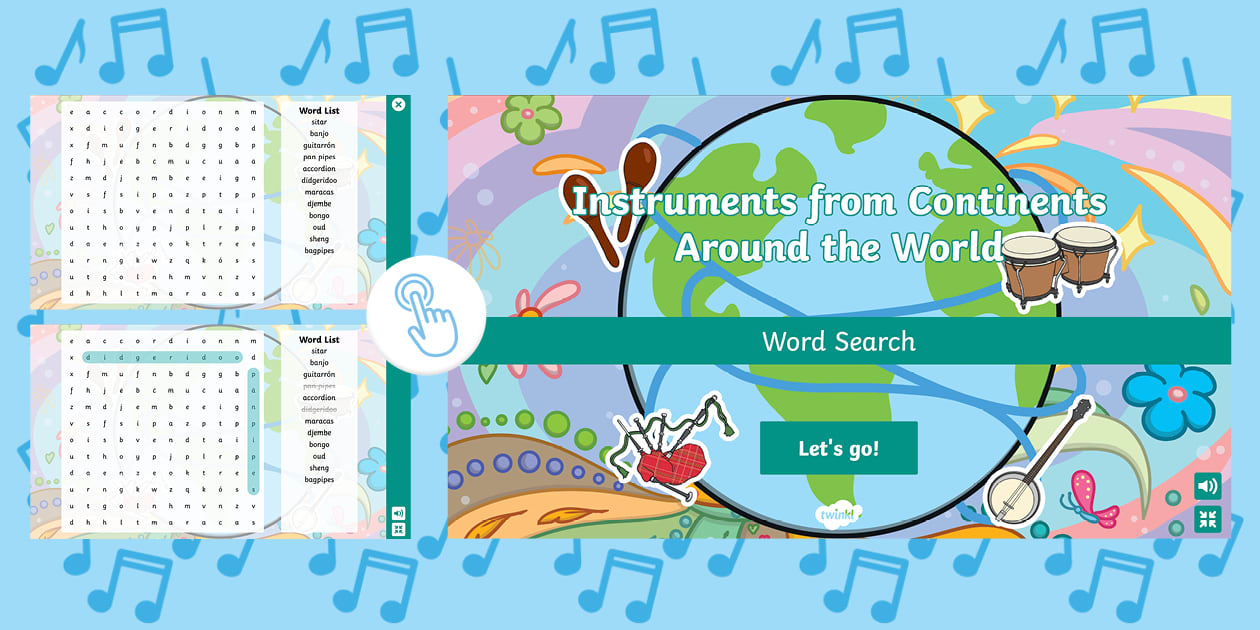 Wordworld Instruments 👉 Instruments from Continents Around the World Interactive Word Search